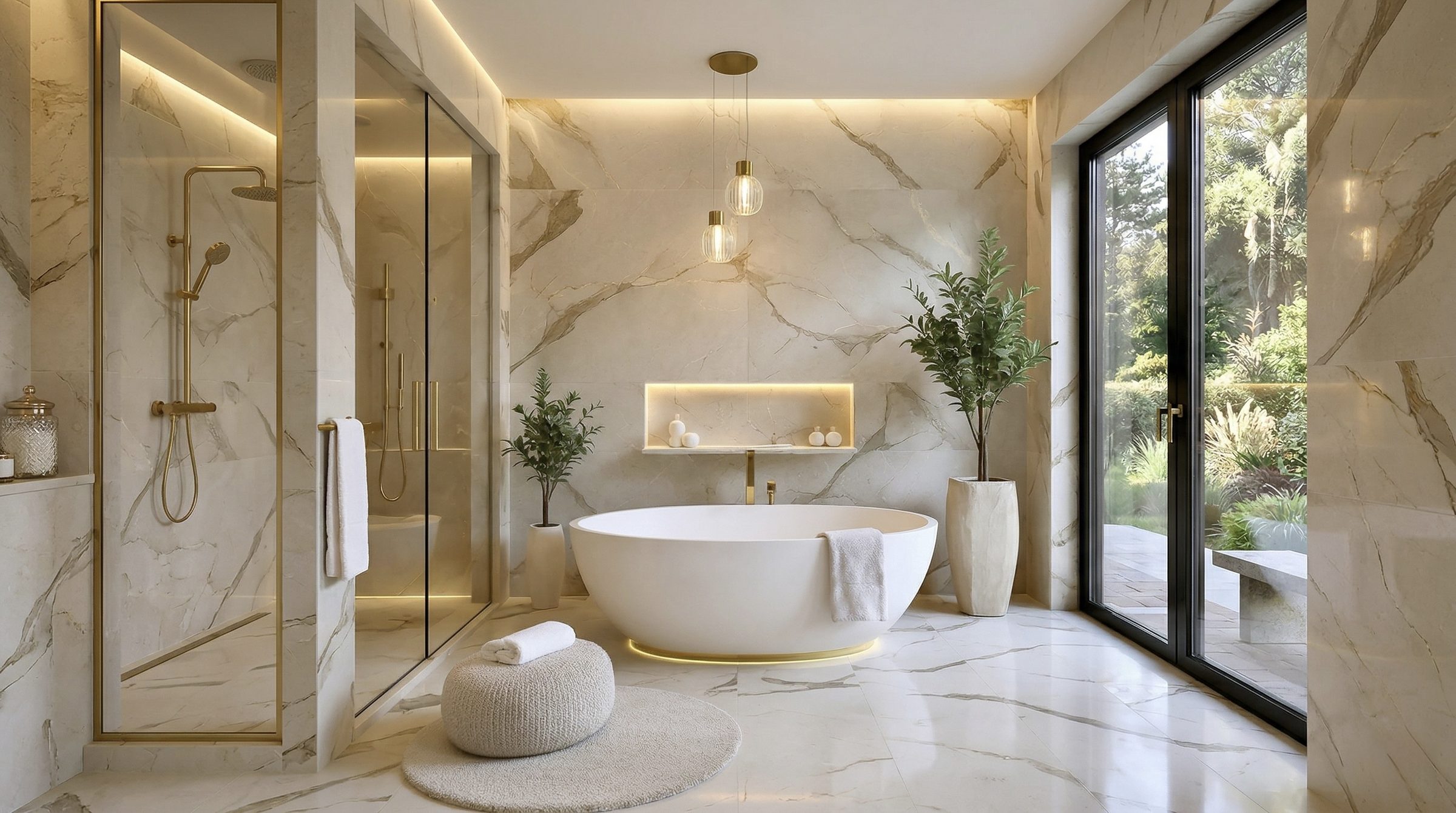 Baño de mármol con productos allpaka